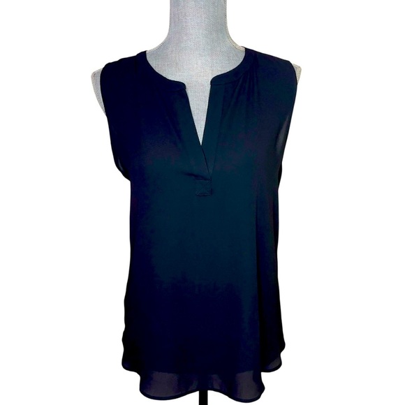 Ann Taylor Loft Top Womens Small Black Sleeveless Chiffon Front Blouse - Picture 1 of 7